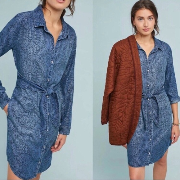 Cloth & Stone Anthropologie Medallion Print Chambray Tie Waist Shirt Dress Small - Picture 1 of 16
